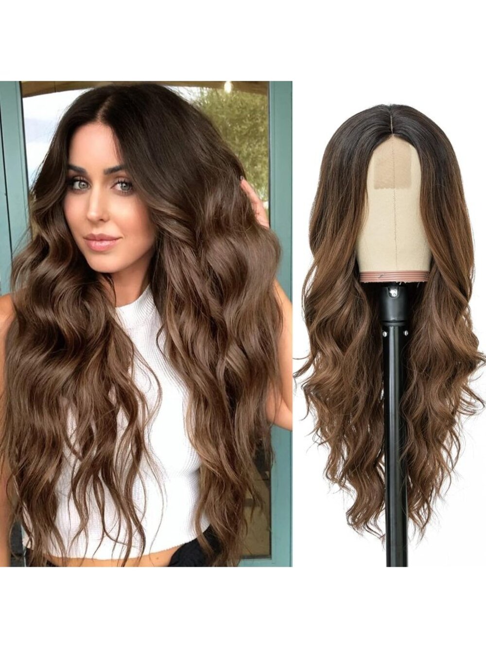 Women's Brown Ombre 26 Inch Natural Looking Heat Resistant Long Wavy Wigs